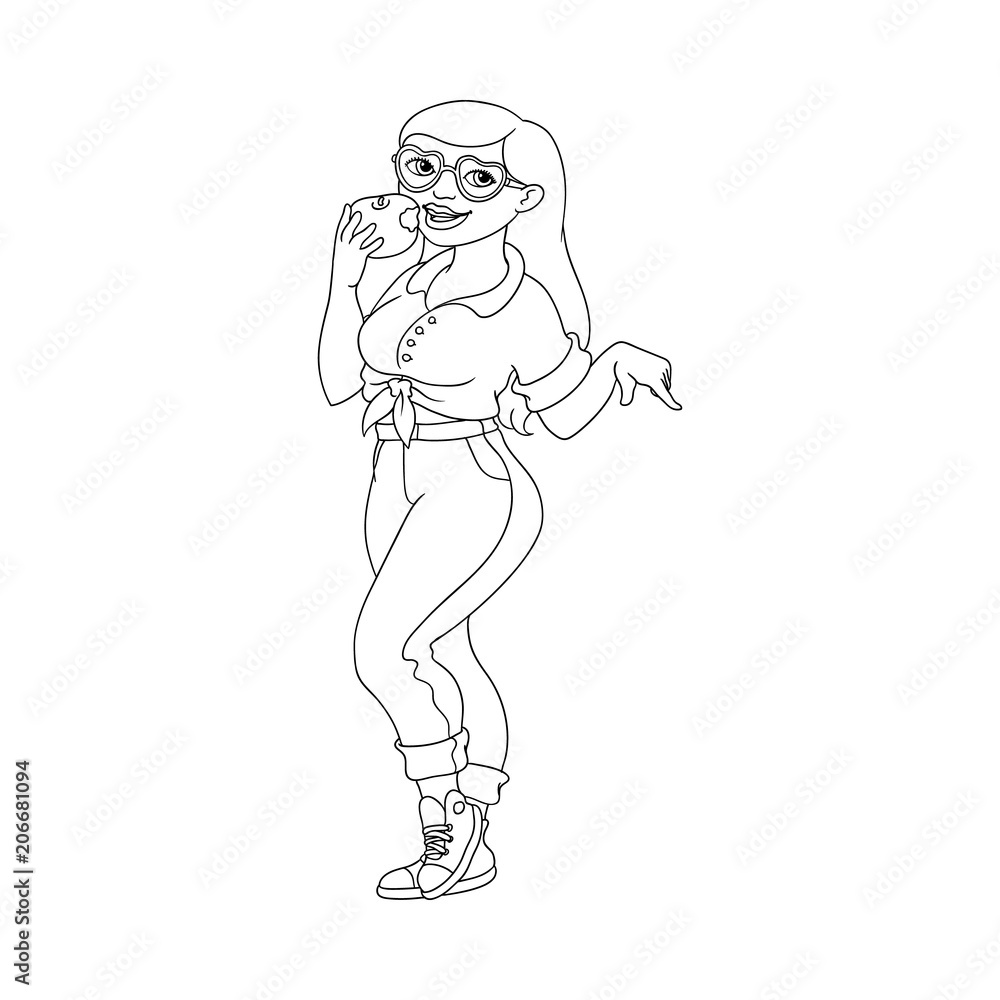 Hand drawn plump obese girl eats green apple in fancy heart shape sunglasses. Sketch style cute female character in jeans, pink skirt. Vector blonde overweight woman having fun monochrome illustration
