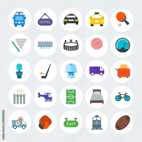 Modern Simple Set of transports, hotel, sports Vector flat Icons. Contains such Icons as blue, rink, vehicle, black, sport, bus and more on white cricle background. Fully Editable. Pixel Perfect.