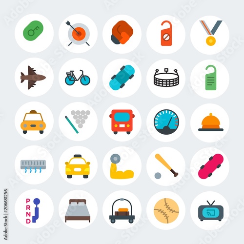 Modern Simple Set of transports, hotel, sports Vector flat Icons. Contains such Icons as  board,  pool,  competition,  furniture and more on white cricle background. Fully Editable. Pixel Perfect.