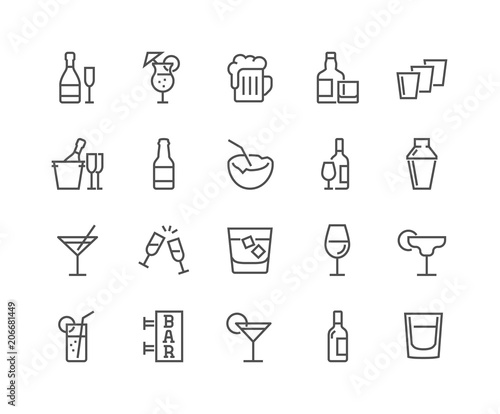Simple Set of Alcohol Related Vector Line Icons. Contains such Icons as Champagne, Whisky, Cocktail, Shots and more. Editable Stroke. 48x48 Pixel Perfect.
