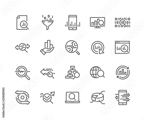 Simple Set of Data Analysis Related Vector Line Icons. Contains such Icons as Charts, Graphs, Traffic Analysis, Big Data and more. Editable Stroke. 48x48 Pixel Perfect.