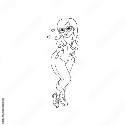 Hand drawn plump obese girl blow air kiss in fancy heart shape sunglasses. Sketch style cute female character in jeans, skirt. Vector adult blonde overweight woman having fun. Monochrome illustration