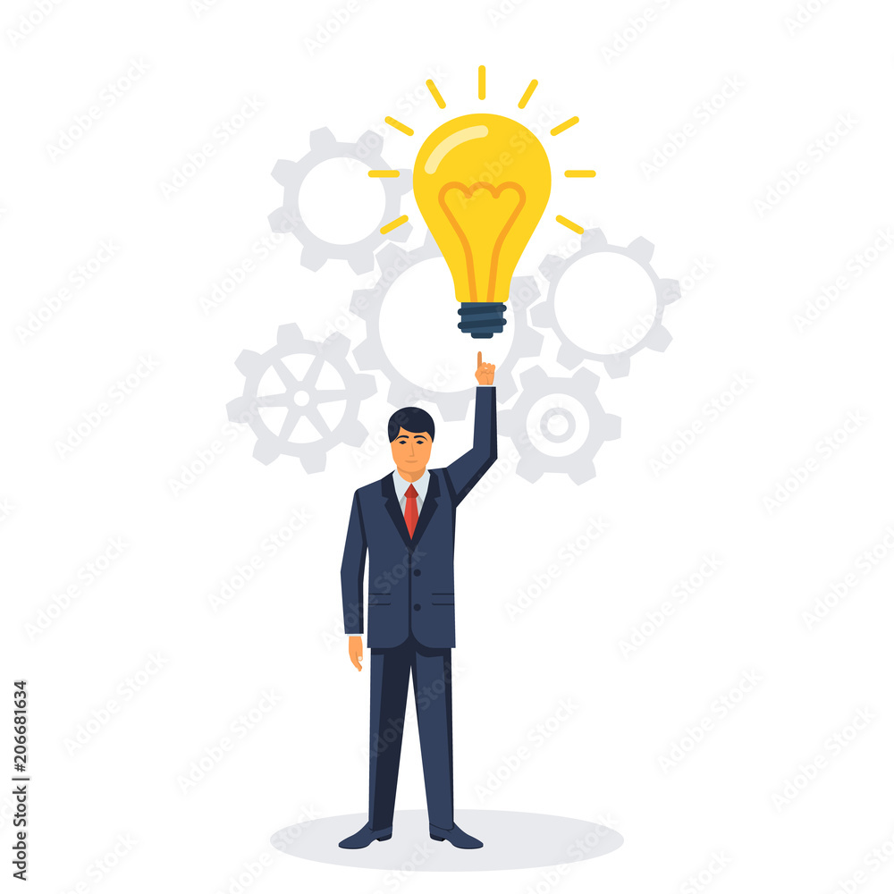 Businessman points to a big light bulb as a symbol big idea. New creative idea. Problem solution metaphor. Vector illustration flat design. Isolated on white background. Thinking processes. Businessman points to a big light bulb as a symbol big idea. New creative idea. Problem solution metaphor. Vector illustration flat design. Isolated on white background. Thinking processes.