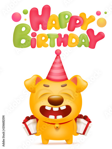 Happy Birthday card template with yellow emoji dog cartoon character © nektoetkin