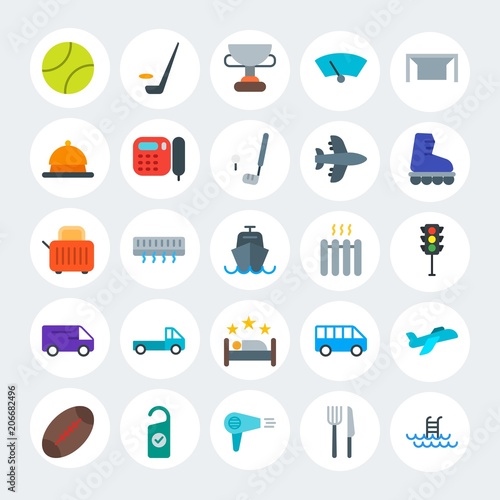Modern Simple Set of transports, hotel, sports Vector flat Icons. Contains such Icons as  rugby,  plane,  air,  style,  sport,  pool and more on white cricle background. Fully Editable. Pixel Perfect.