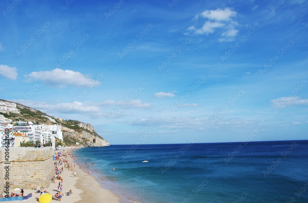 view on the coastal town of Sesimbra with beach in Portugal