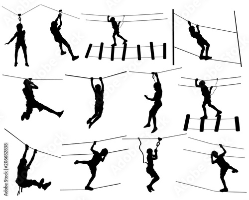 Extreme sportsman took down with rope. Man climbing vector silhouette illustration, isolated on white. Sport weekend zipline action in adventure park rope ladder. Ropeway for fun, team building.