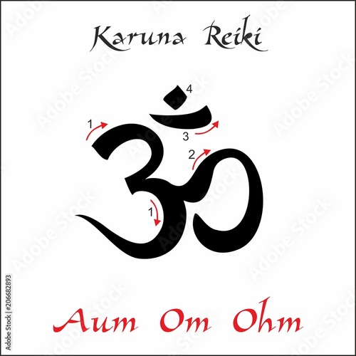 Karuna Reiki. Energy healing. Alternative medicine. Om Aum Ohm Symbol. Spiritual practice. Esoteric. Vector