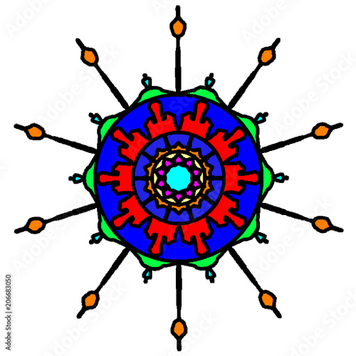 Decorative mandala wheel with rays in a bright colors