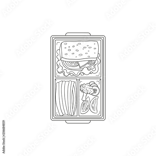 Lunchbox with food for lunch inside - sandwich and vegetables in plastic container isolated on white background. Hand drawn vector illustration of food in box for school or work break.