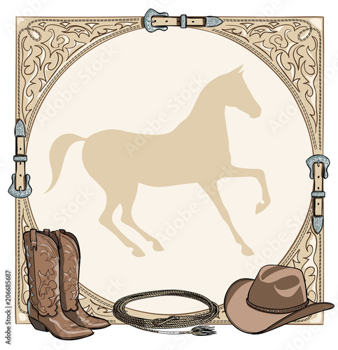 Cowboy horse equine riding tack tool in the western leather belt frame. Western boot, hat, lasso rope and horse silhouette. Hand drawing vector cartoon background. 