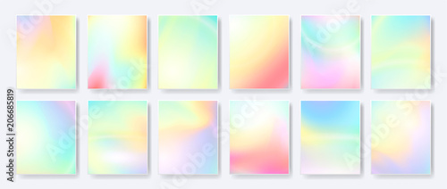 Abstract Fluid, pastel gradients, hologram creative templates, cards, color covers set. Geometric design, liquids. Trendy vector collection.