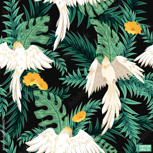 Seamless black pattern, white parrots.