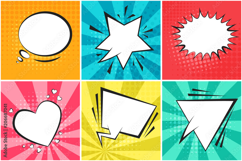 Set of cute colorful retro comic speech bubbles on dotted and striped ...