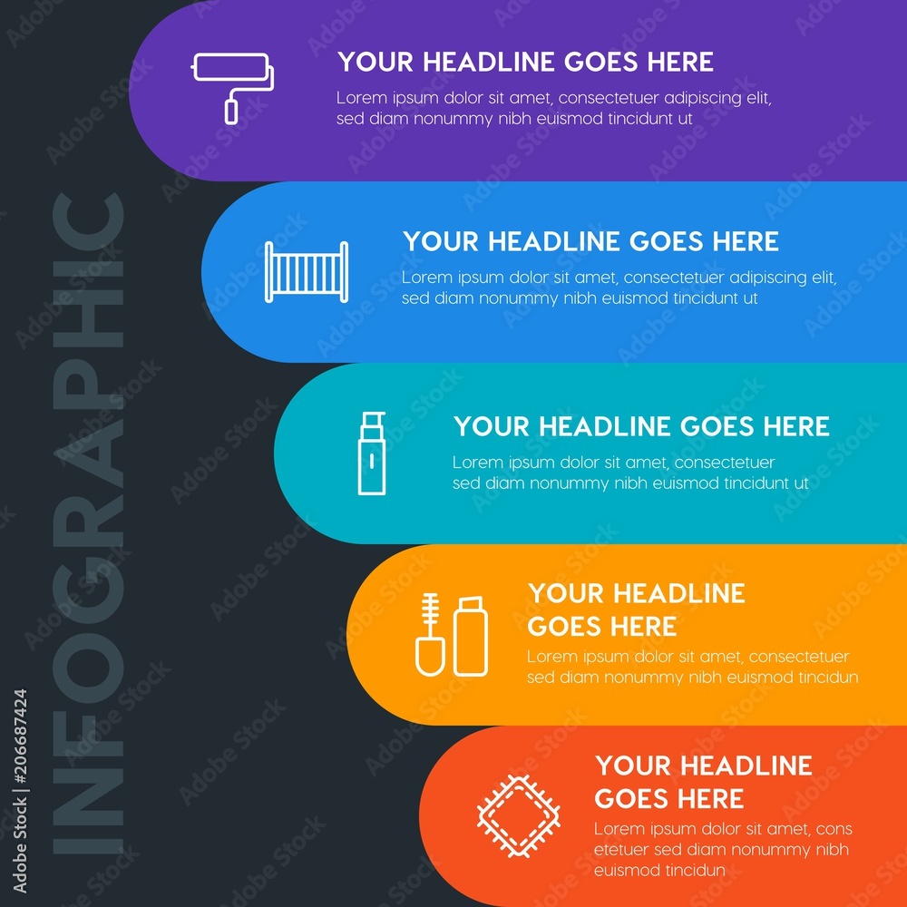 Flat furniture, housekeeping, beauty and cosmetics infographic steps template with 5 options for presentations, advertising, annual reports. Flat furniture, housekeeping, beauty and cosmetics infographic steps template with 5 options for presentations, advertising, annual reports.