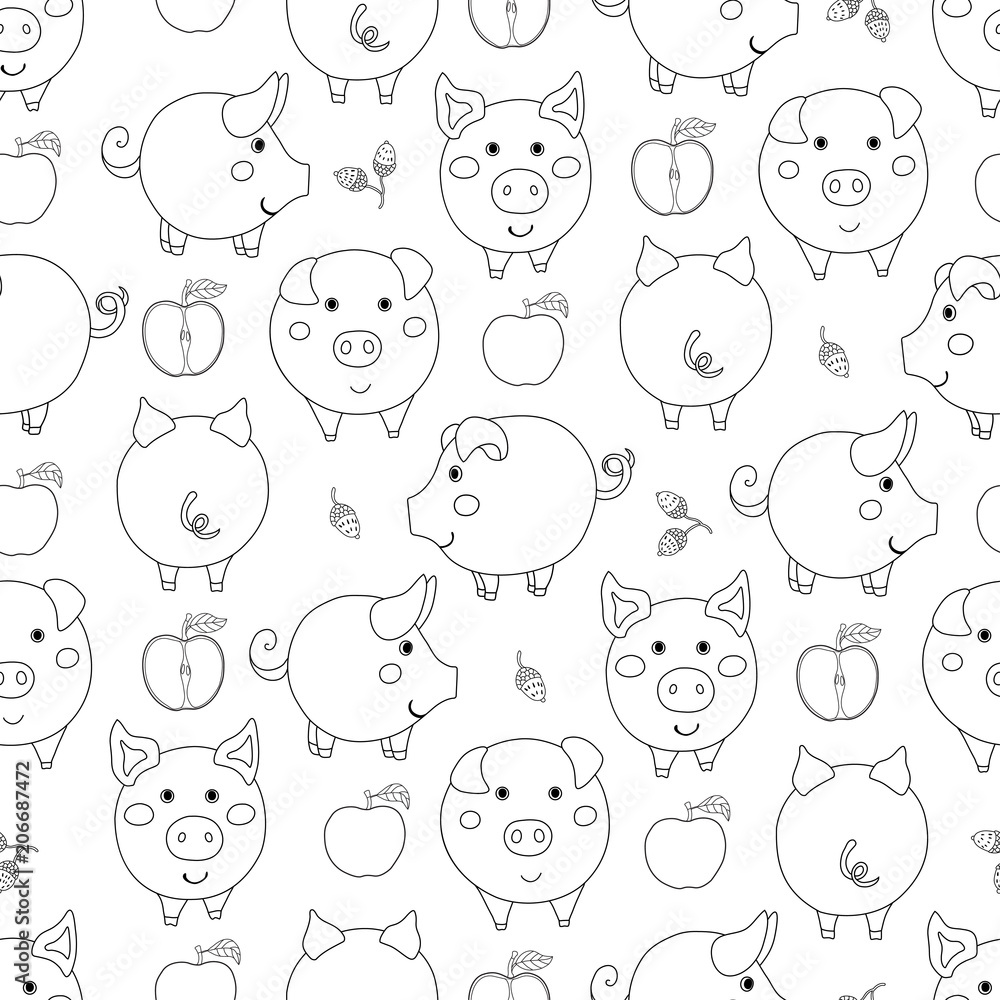 Seamless pattern with contour cartoon pigs, apples and acorns on white background.