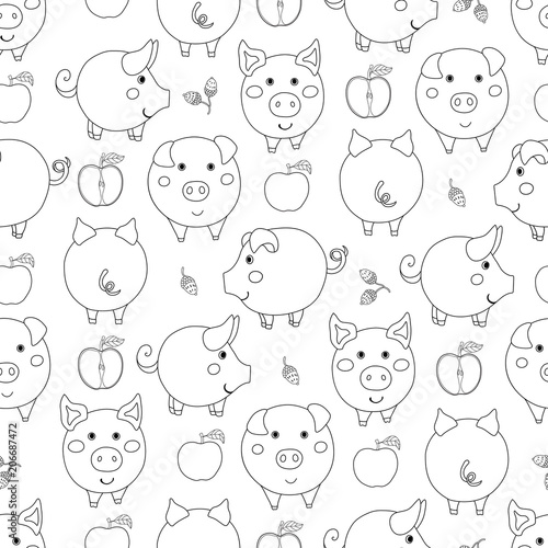 Seamless pattern with contour cartoon pigs  apples and acorns on white background.
