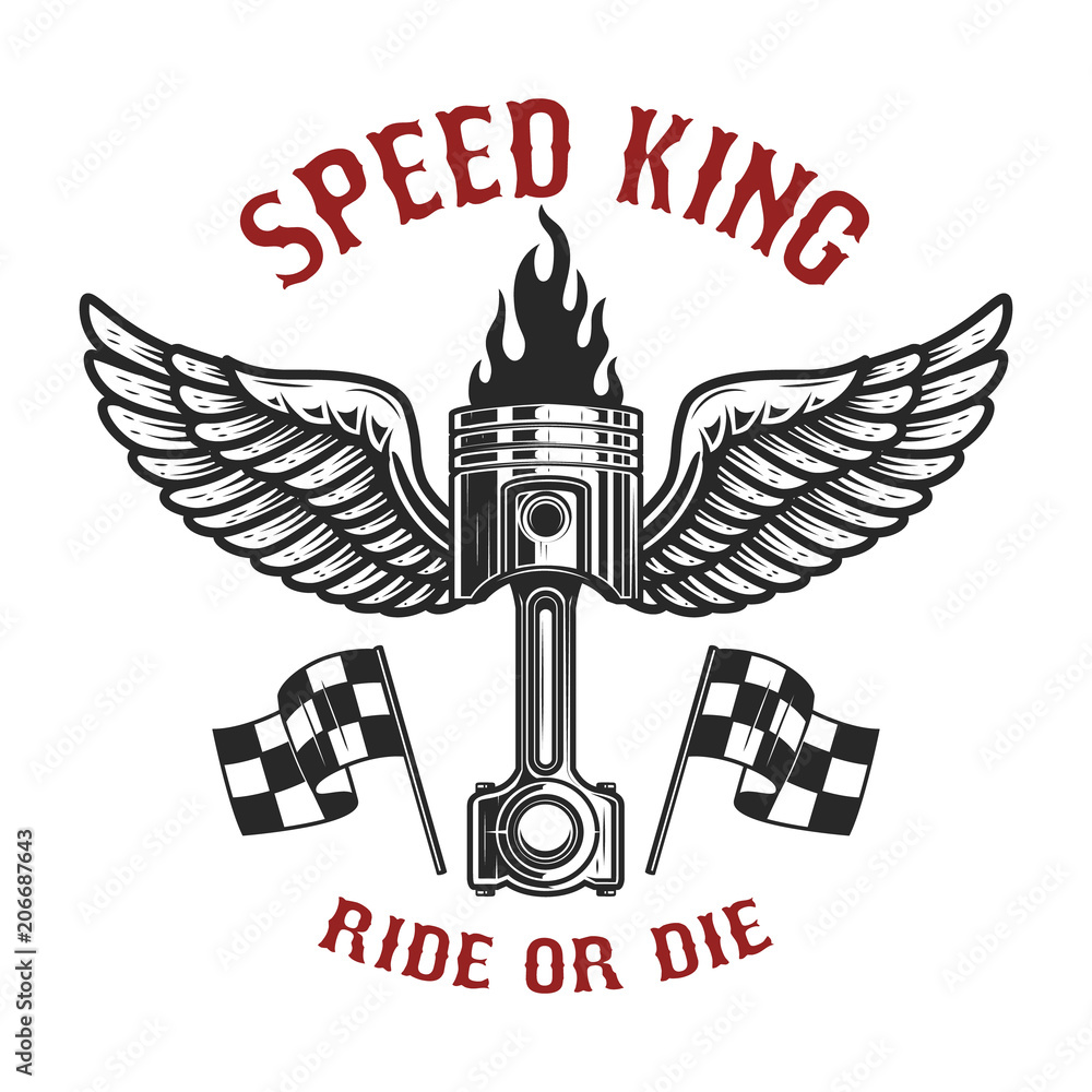 Speed king. Car piston with wings. Design element for poster, card, banner, flyer.