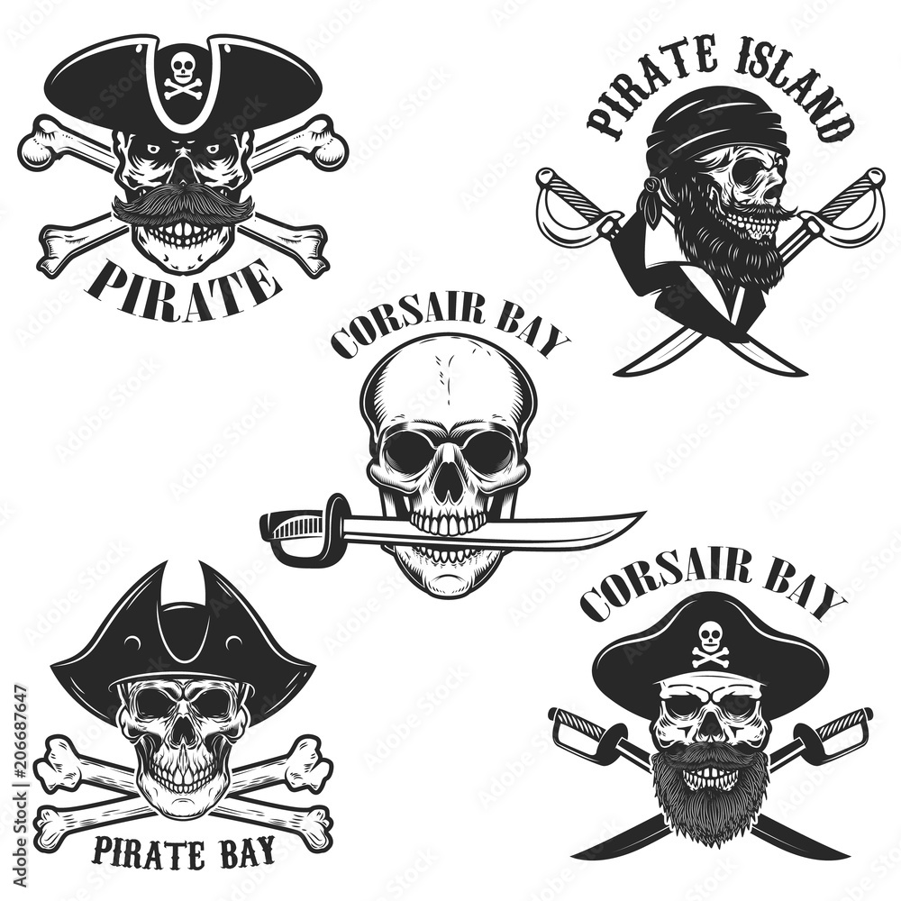 Set of emblems with pirate skulls and weapon. Design element for logo, label, badge, sign.