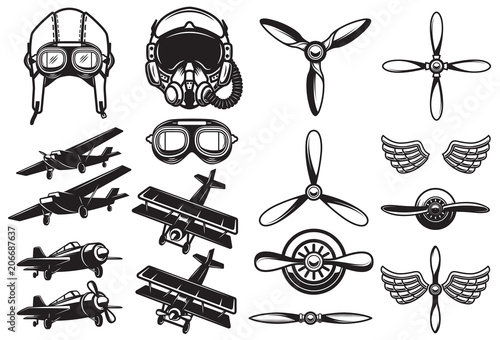Set of airplanes, propellers. Aviation. Design element for logo, label, badge, sign.