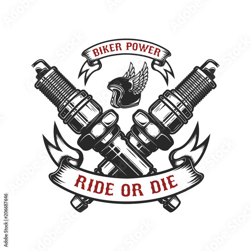 Template of the emblem with crossed spark plugs. Design element for logo, label, badge, sign.