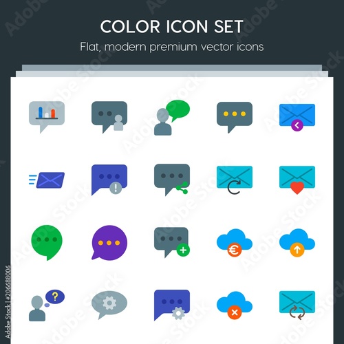 Modern Simple Set of cloud and networking, chat and messenger, folder, email Vector flat Icons. Contains such Icons as cloud, problem, sms and more on dark background. Fully Editable. Pixel Perfect