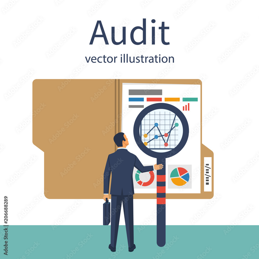 Auditing concepts. Auditor with magnifying glass in hand during examination of financial report. Tax process. Research, project management, planning, accounting, analysis, data. Vector flat design. Auditing concepts. Auditor with magnifying glass in hand during examination of financial report. Tax process. Research, project management, planning, accounting, analysis, data. Vector flat design.
