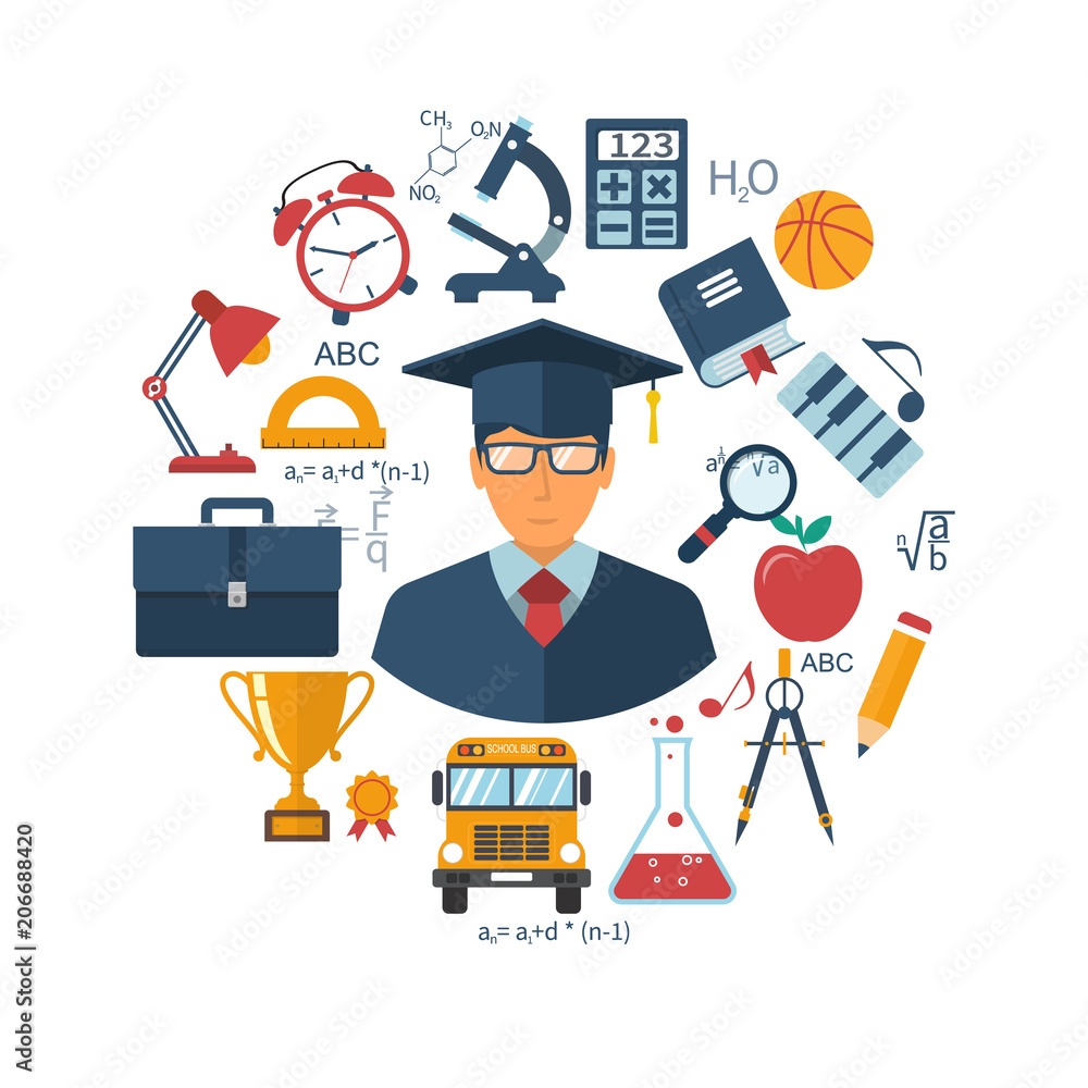 Education and learning concepts. Abstract circle with icon student and  signs and elements of school subjects. Flat design, vector illustration. Education  background. Stock Vector | Adobe Stock