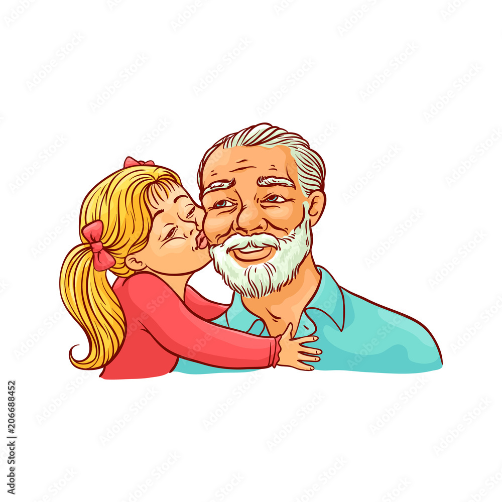 Kid girl kisses her grandfather on cheek isolated on white background. Sketch colorful vector illustration of happy grandparent and child. Loving and friendly family concept. Kid girl kisses her grandfather on cheek isolated on white background. Sketch colorful vector illustration of happy grandparent and child. Loving and friendly family concept.