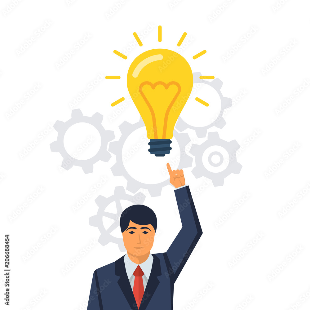 Businessman points to a big light bulb as a symbol big idea. New creative idea. Problem solution metaphor. Vector illustration flat design. Isolated on white background. Thinking processes. Businessman points to a big light bulb as a symbol big idea. New creative idea. Problem solution metaphor. Vector illustration flat design. Isolated on white background. Thinking processes.