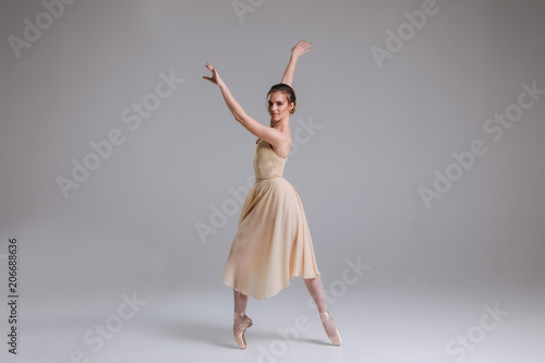 The reflection of a dancing lady! Young attractive gentle ballerina dancing and posing on the isolated grey background indoors.