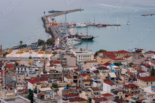 Aerial view of Zakynthos (Zante) town, Greece. Summer morning on the Ionian Sea. Beautiful cityscape panorama of Greece city. Traveling concept background. 