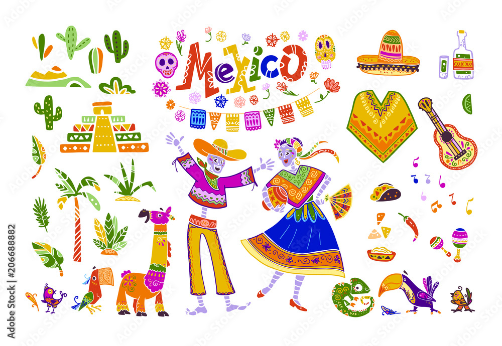 Big vector set of mexico elements, skeleton characters, animals in flat hand drawn style isolated on white background. Icons for fiesta, celebration, national pattern, decoration, traditional food.