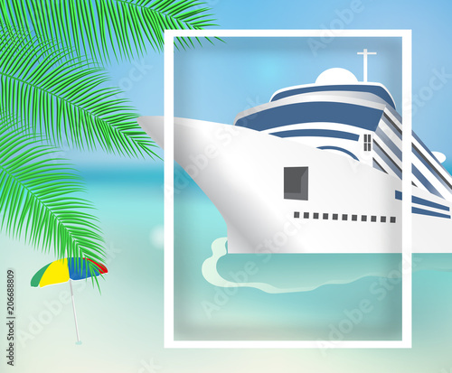 Poster or banner template Transatlantic liner ship and beach. Cruise ship. Vector