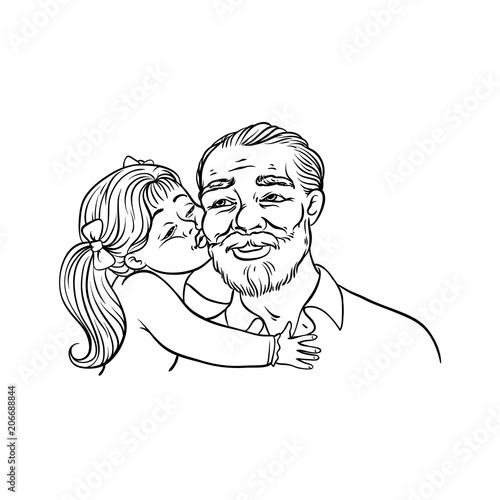 Kid girl kisses her grandfather on cheek isolated on white background - sketch black line vector illustration of happy grandparent and child. Hand drawn loving and friendly family concept.