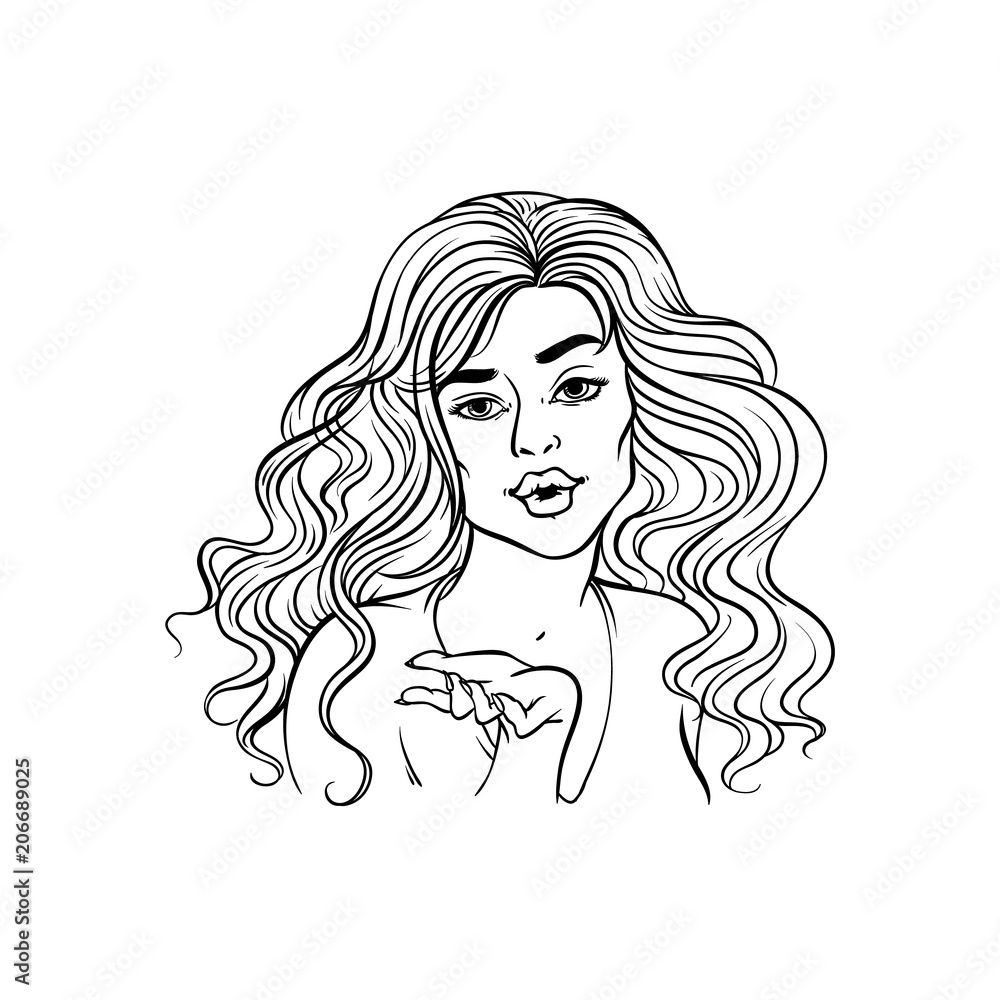 Young woman sends air kiss isolated on white background - hand drawn beautiful girl holding palm up and showing kissing facial expression. Colorful vector illustration in sketch style. Young woman sends air kiss isolated on white background - hand drawn beautiful girl holding palm up and showing kissing facial expression. Colorful vector illustration in sketch style.