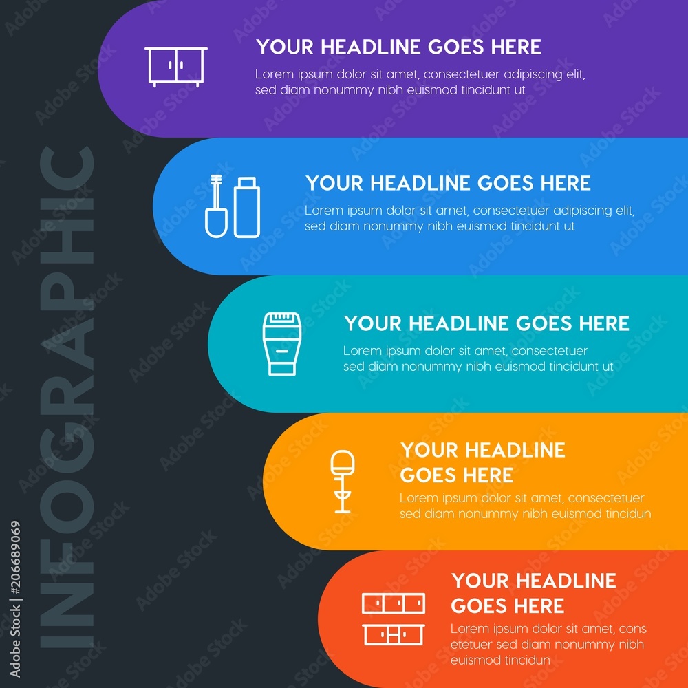 Flat furniture, housekeeping, beauty and cosmetics infographic steps template with 5 options for presentations, advertising, annual reports. Flat furniture, housekeeping, beauty and cosmetics infographic steps template with 5 options for presentations, advertising, annual reports.