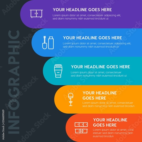 Flat furniture, housekeeping, beauty and cosmetics infographic steps template with 5 options for presentations, advertising, annual reports.