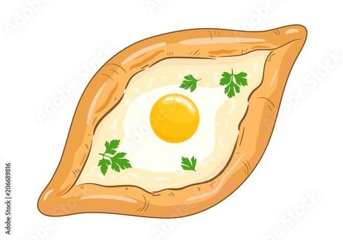 Traditional ajarian and georgian dish - khachapuri. Freshly baked flat bread filled with cheese and egg, leaves of parsley on top, isolated on white background. Vector hand drawn illustration.