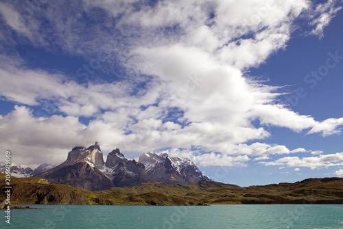 Cuernos del Paine view from Lake Pehoe in Torres del Paine National Park  Magallanes Region  southern Chile