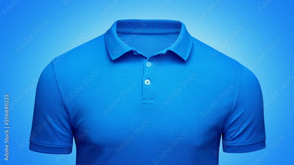 Template blue Polo shirt concept closeup front view. Polo T shirt