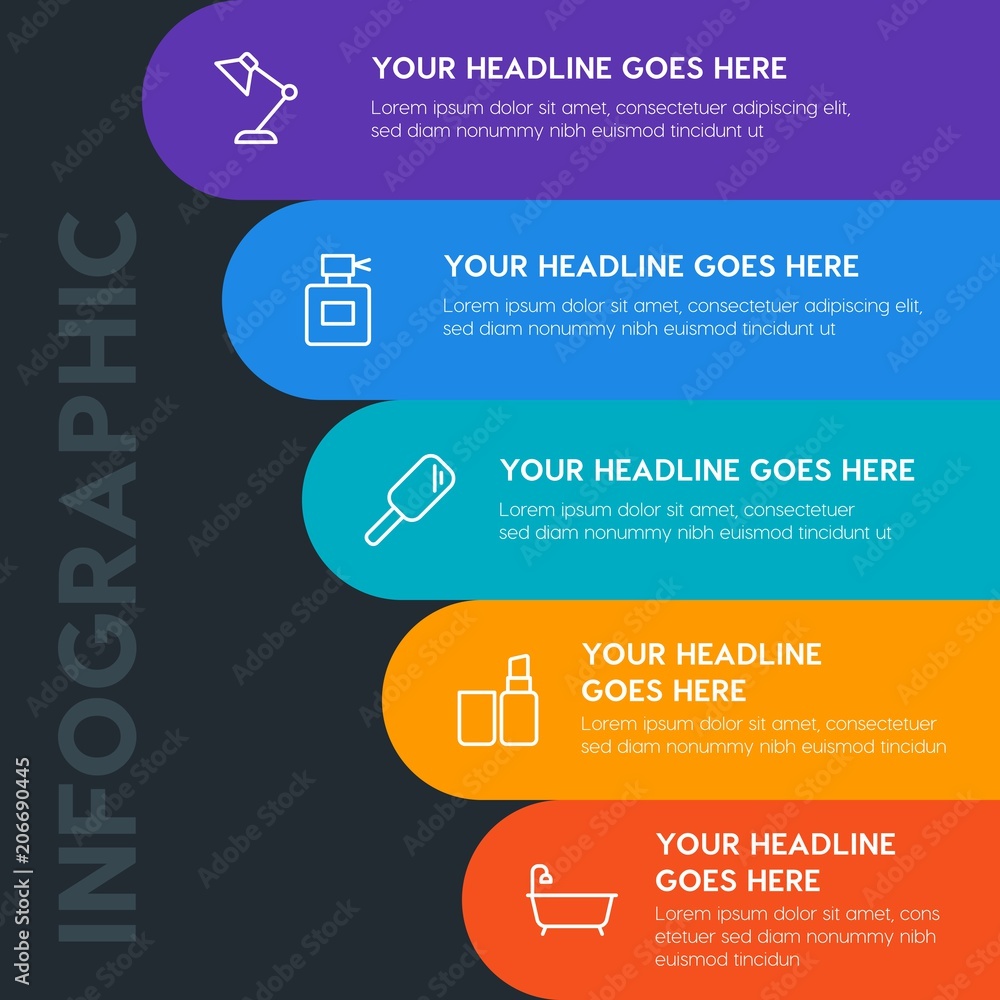 Flat furniture, housekeeping, beauty and cosmetics infographic steps template with 5 options for presentations, advertising, annual reports. Flat furniture, housekeeping, beauty and cosmetics infographic steps template with 5 options for presentations, advertising, annual reports.