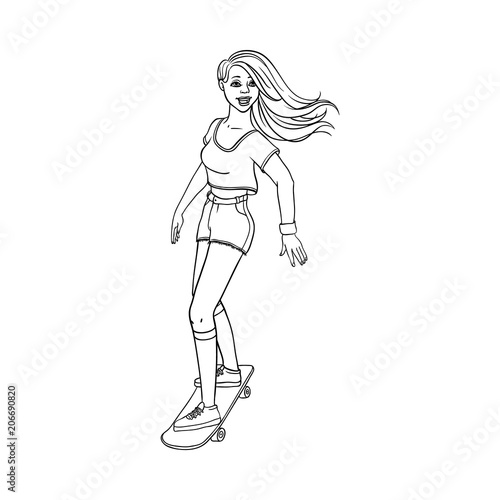 Pretty young woman in denim shorts  summer clothing riding skate board smiling. Beautiful female character  girl skateboarding at vacation. Vector sketch monochrome illustration isolated