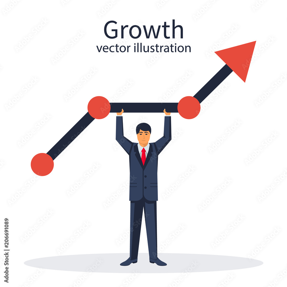 Growth graph concept. Businessman raises chart of financial growth. Vector illustration flat design. Improve profit. Vector illustration flat design. Isolated on white background. Increase sales. Growth graph concept. Businessman raises chart of financial growth. Vector illustration flat design. Improve profit. Vector illustration flat design. Isolated on white background. Increase sales.