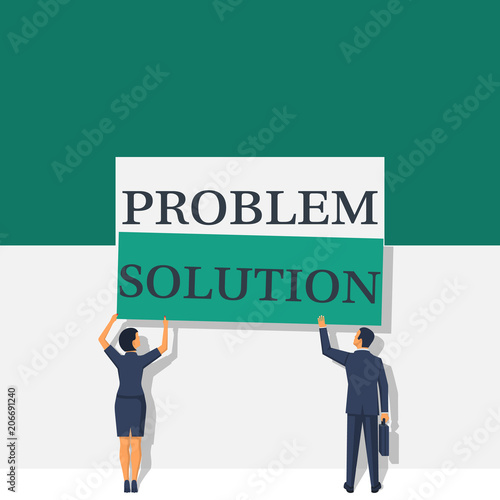 Problem and solution concept. Businesspeople holding in hand piece of jigsaw puzzle. Business concept. Creative problem solving. Vector illustration flat design. Isolated on white background.
