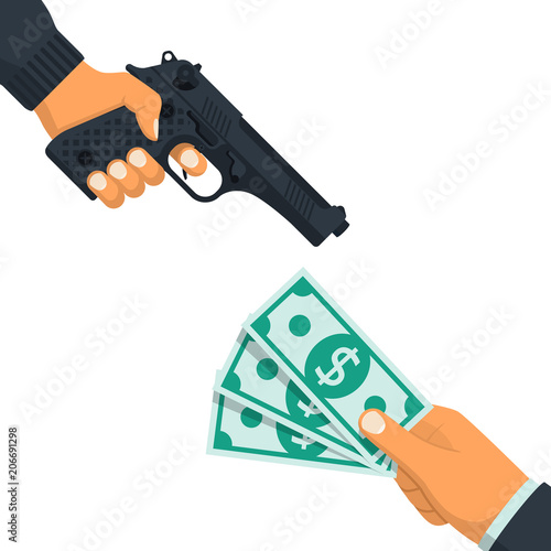 Robbery concept. Criminal threatening a gun extorts money from the victim. Bandit with a gun. Money in hand. Vector illustration flat design. Isolated on white background. Theft of cash.