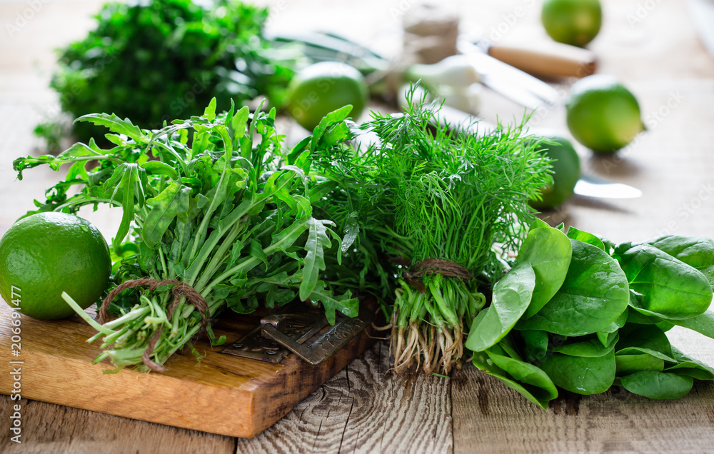 Bunch of fresh homegrown organic dill, spinach, arugula and spring onion Bunch of fresh homegrown organic dill, spinach, arugula and spring onion