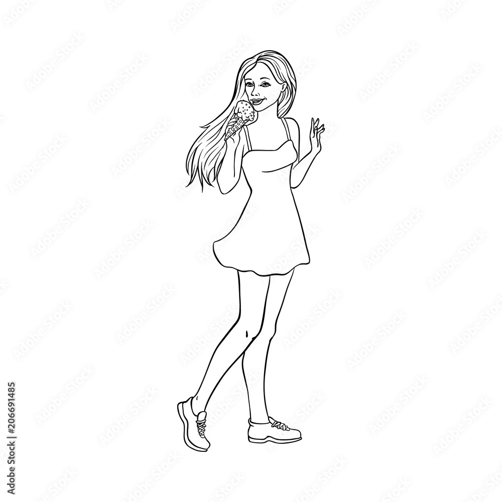 Pretty young woman in yellow dress holding waffle cone icecream smiling. Beautiful female character, girl eating sweet desert at vacation. Vector sketch monochrome illustration isolated