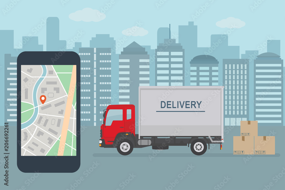Delivery service app on mobile phone. Delivery truck and mobile phone with map on city background. Flat style vector illustration. 
