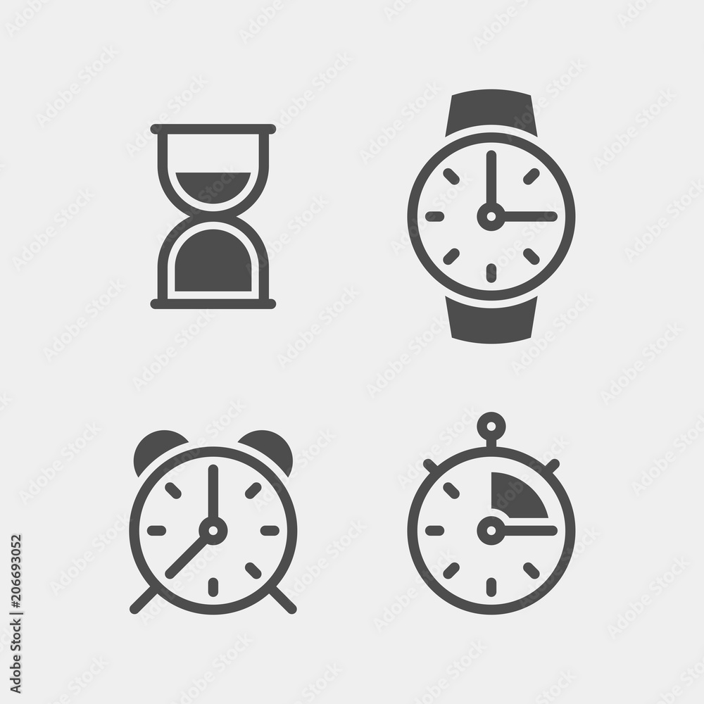 Fototapeta premium Clock flat vector icons set. Stopwatch, alarm, hourglass, wrist watch flat vector icons set